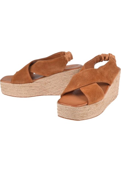Hakiki Deri Hasır Taban Kadın Sandalet MAK-1218 Taba Süet fırsatları