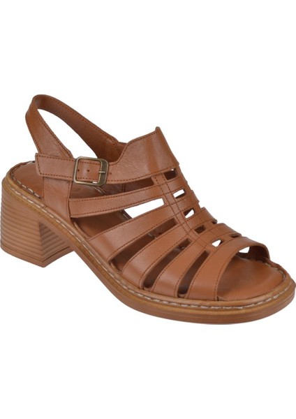 Beety Hakiki Deri Topuklu Kadın Sandalet BEE-937 Taba