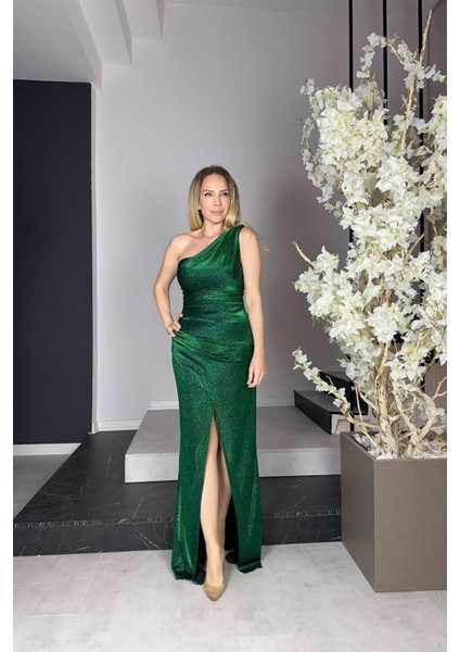 G0967 Tek Omuz Simli Maksi Abiye Elbise Zümrüt fırsatları