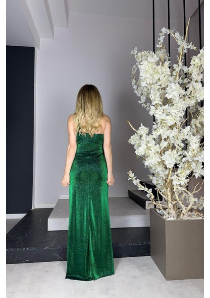 G0967 Tek Omuz Simli Maksi Abiye Elbise Zümrüt