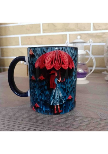 Mugs And Love Şemsiyeli Kız3 3D Baskı Büyük Boy Kupa