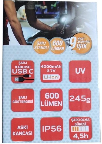 Şarjlı LED El Feneri Su Geçirmez 9 Saat Kullanım RC0027