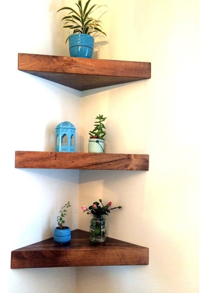 Dekoratif Doğal Ahşap 3'Lü Üçgen Köşe Raf 25x25x4 cm (Gizli Aparatlı Raf)