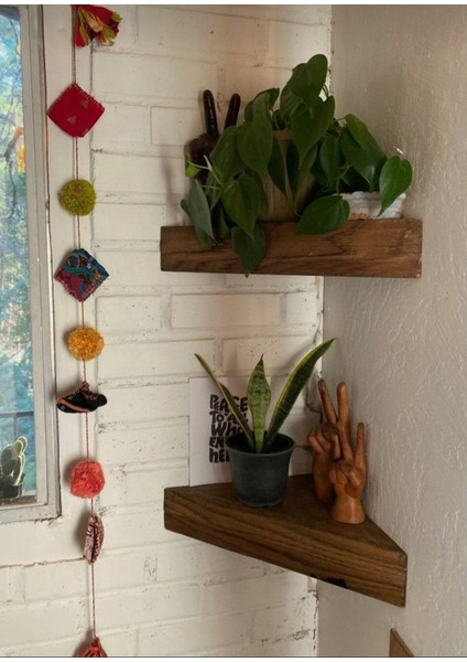 Dekoratif Doğal Ahşap 2'Lİ Üçgen Köşe Raf 25x25x4 cm (Gizli Aparatlı Raf)