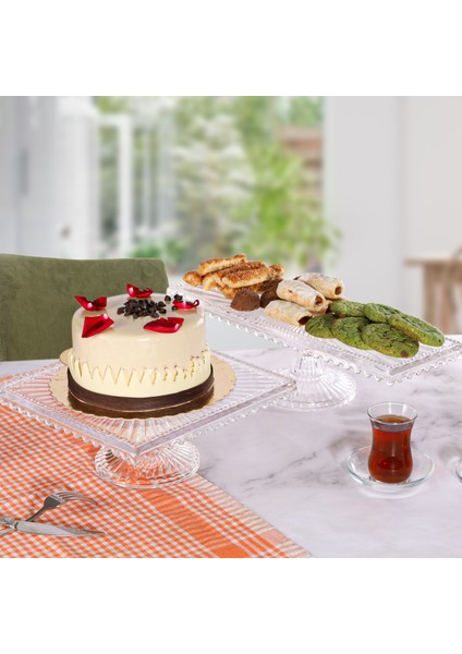 Linea Model Cam Ayaklı Kare ve Dikdörtgen 2'li Kek ve Pasta Sunumluk