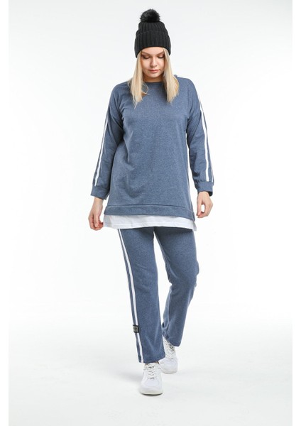 Büyük Beden Indigo Biyeli Armalı Eşofman Takımı