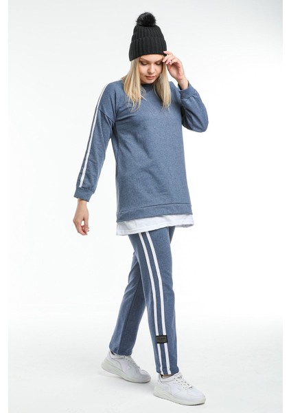 Büyük Beden Indigo Biyeli Armalı Eşofman Takımı modelleri