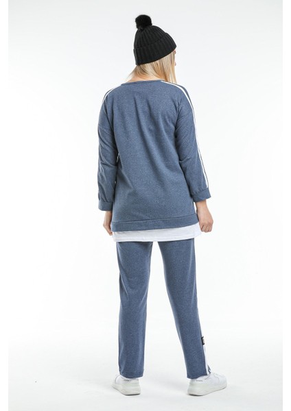 Büyük Beden Indigo Biyeli Armalı Eşofman Takımı indirimleri