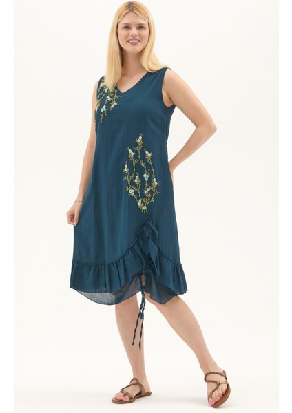 Petrol Kolsuz Vual Yırtmaçlı Midi Boy Yazlık Elbise