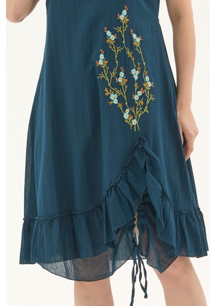 Petrol Kolsuz Vual Yırtmaçlı Midi Boy Yazlık Elbise modelleri