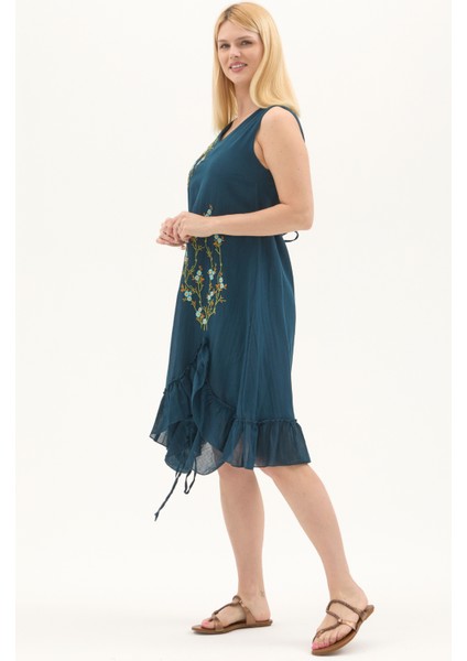 Petrol Kolsuz Vual Yırtmaçlı Midi Boy Yazlık Elbise fırsatları