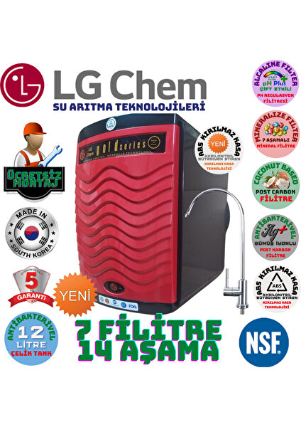 Light Gastro Lg Chem Gold Plus Ücretsiz Montaj Siyah-Kırmızı Renk 12 Litre 14 Aşama 7 Filitre Su Arıtma Cihazı