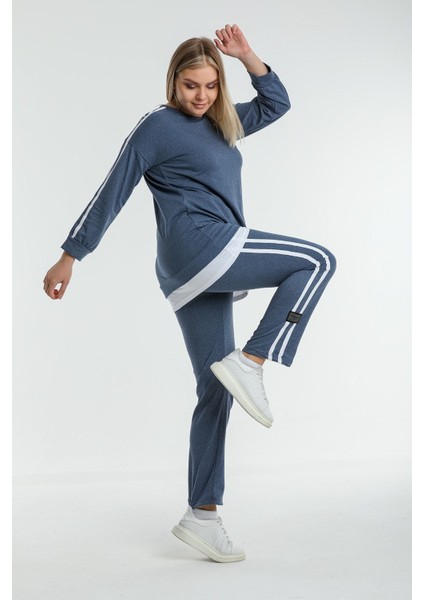 Büyük Beden Indigo Biyeli Armalı Eşofman Takımı modelleri