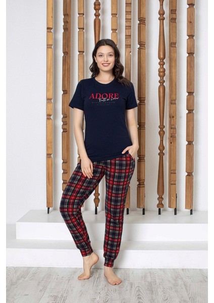 Kadın Düğmesiz Bisiklet Yaka Kısa Kol Cepli Pijama Takımı