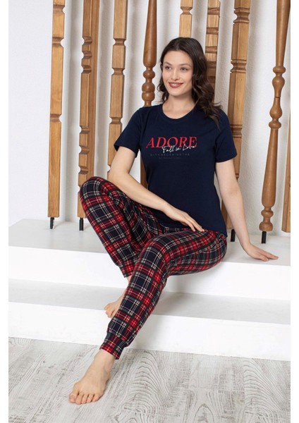 Kadın Düğmesiz Bisiklet Yaka Kısa Kol Cepli Pijama Takımı fiyatları