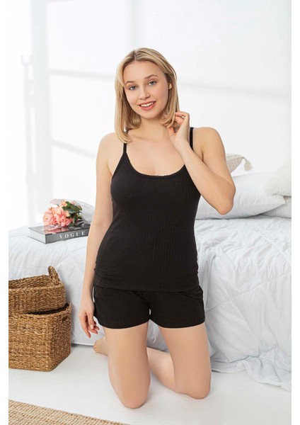 Kadın Ip Askılı Ribana Mini Şortlu Pijama Takımı