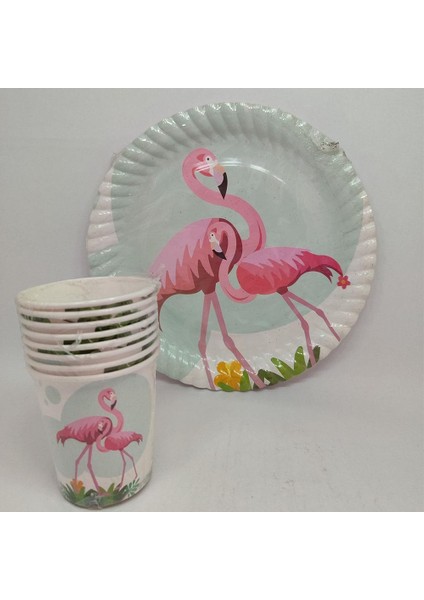 Flamingo Temalı Karton Tabak Bardak Seti - 8 Kişilik