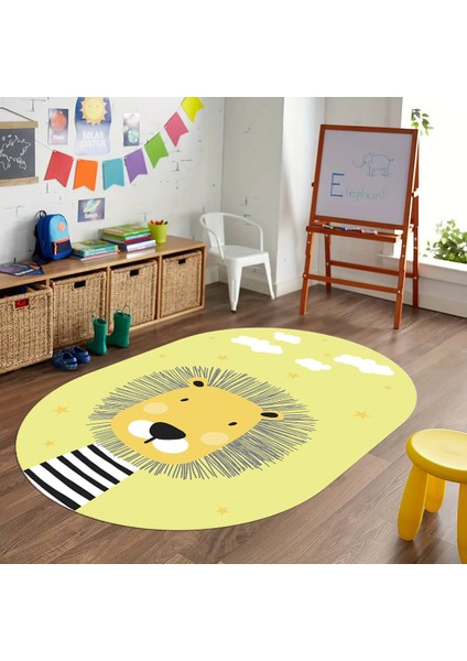 Dijital Baskılı Kaymaz Yıkanabilir Eğlenceli Eğitici Oval Çocuk Odası Halısı, N-O-Çocuk-25-Sarı,