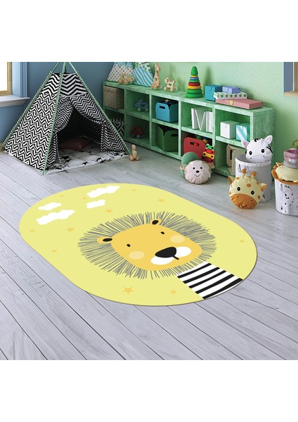 Dijital Baskılı Kaymaz Yıkanabilir Eğlenceli Eğitici Oval Çocuk Odası Halısı, N-O-Çocuk-25-Sarı,