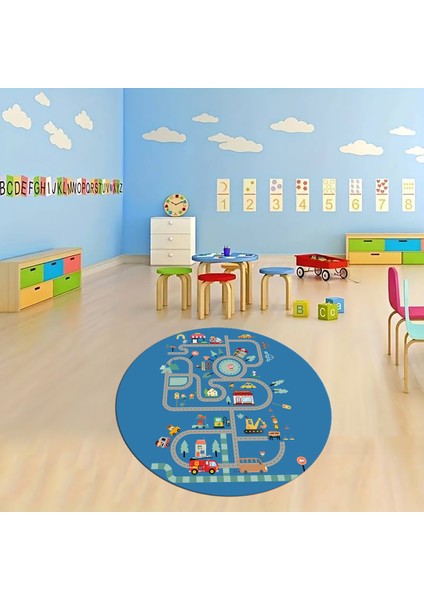 Dijital Baskılı Kaymaz Yıkanabilir Eğlenceli Yuvarlak Çocuk Odası Halısı, N-Y-Çocuk-48-Mavi, fiyatları
