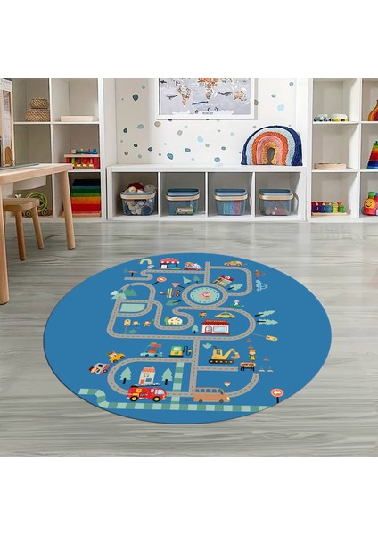 Dijital Baskılı Kaymaz Yıkanabilir Eğlenceli Yuvarlak Çocuk Odası Halısı, N-Y-Çocuk-48-Mavi, modelleri