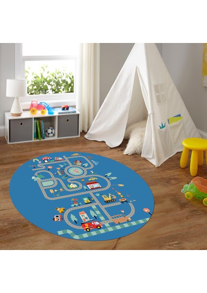 Dijital Baskılı Kaymaz Yıkanabilir Eğlenceli Yuvarlak Çocuk Odası Halısı, N-Y-Çocuk-48-Mavi, fırsatları