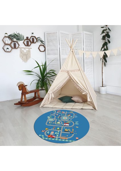 Dijital Baskılı Kaymaz Yıkanabilir Eğlenceli Yuvarlak Çocuk Odası Halısı, N-Y-Çocuk-48-Mavi, indirimleri