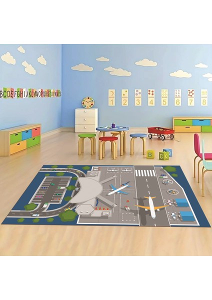 Dijital Baskılı Kaymaz Taban Yıkanabilir Eğlenceli Eğitici Çocuk Odası Halısı, N-Çocuk-50-Mavi,
