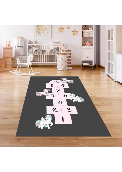 Dijital Baskılı Kaymaz Taban Yıkanabilir Eğlenceli Eğitici Çocuk Odası Halısı, N-Çocuk-37-Antrasit,