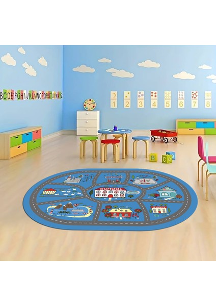 Dijital Baskılı Kaymaz Yıkanabilir Eğlenceli Eğitici Oval Çocuk Odası Halısı, N-O-Çocuk-02-Mavi,