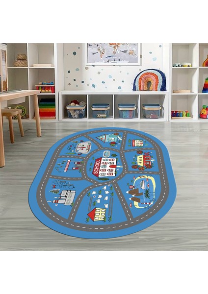 Dijital Baskılı Kaymaz Yıkanabilir Eğlenceli Eğitici Oval Çocuk Odası Halısı, N-O-Çocuk-02-Mavi,