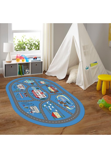 Dijital Baskılı Kaymaz Yıkanabilir Eğlenceli Eğitici Oval Çocuk Odası Halısı, N-O-Çocuk-02-Mavi,
