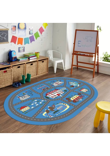 Dijital Baskılı Kaymaz Yıkanabilir Eğlenceli Eğitici Oval Çocuk Odası Halısı, N-O-Çocuk-02-Mavi,