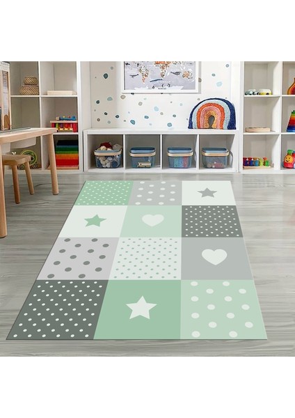 Dijital Baskılı Kaymaz Taban Yıkanabilir Eğlenceli Eğitici Çocuk Odası Halısı, N-Çocuk-10-Yeşil,