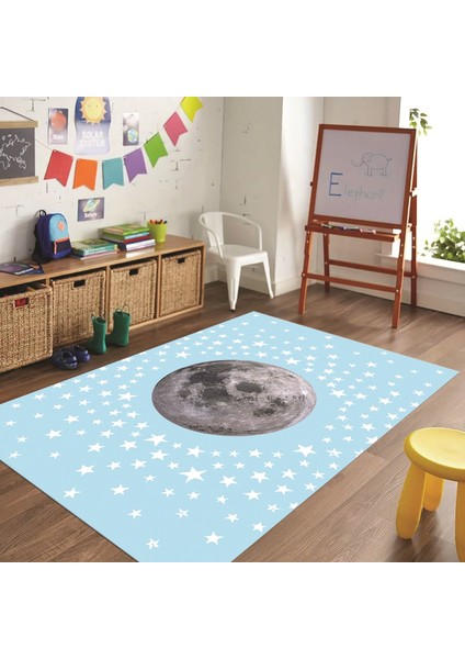 Dijital Baskılı Kaymaz Taban Yıkanabilir Eğlenceli Eğitici Çocuk Odası Halısı, N-Çocuk-27-Mavi,