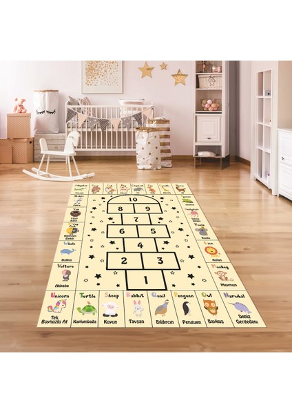 Dijital Baskılı Kaymaz Taban Yıkanabilir Eğlenceli Eğitici Çocuk Odası Halısı, N-Çocuk-36-Krem,