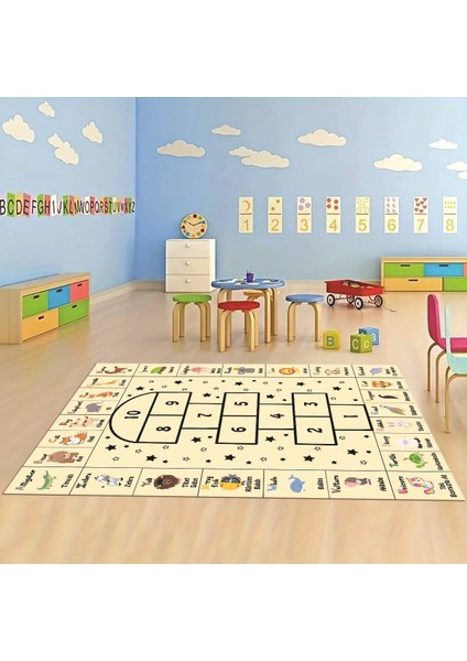 Dijital Baskılı Kaymaz Taban Yıkanabilir Eğlenceli Eğitici Çocuk Odası Halısı, N-Çocuk-36-Krem,