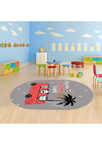 Dijital Baskılı Kaymaz Yıkanabilir Eğlenceli Eğitici Oval Çocuk Odası Halısı, N-O-Çocuk-01-Kırmızı,