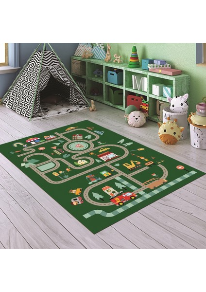 Dijital Baskılı Kaymaz Taban Yıkanabilir Eğlenceli Eğitici Çocuk Odası Halısı, N-Çocuk-48-Yeşil,