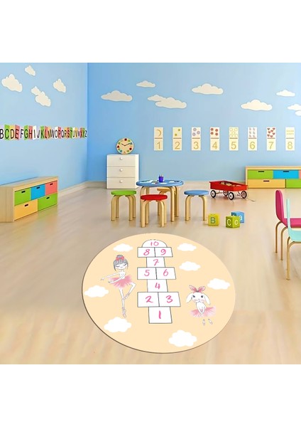Dijital Baskılı Kaymaz Yıkanabilir Eğlenceli Yuvarlak Çocuk Odası Halısı, N-Y-Çocuk-04-Turuncu,
