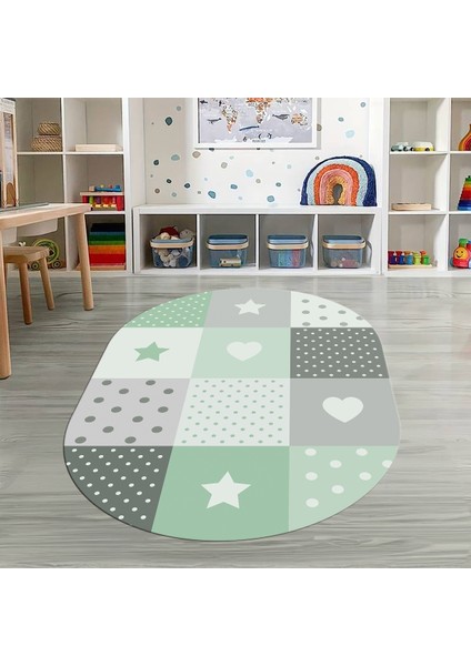 Dijital Baskılı Kaymaz Yıkanabilir Eğlenceli Eğitici Oval Çocuk Odası Halısı, N-O-Çocuk-10-Yeşil,