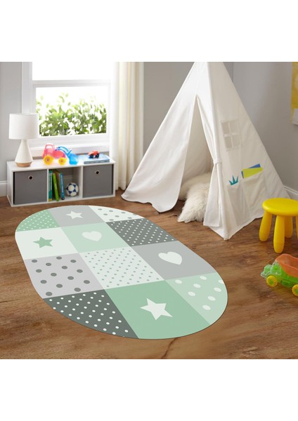 Dijital Baskılı Kaymaz Yıkanabilir Eğlenceli Eğitici Oval Çocuk Odası Halısı, N-O-Çocuk-10-Yeşil,