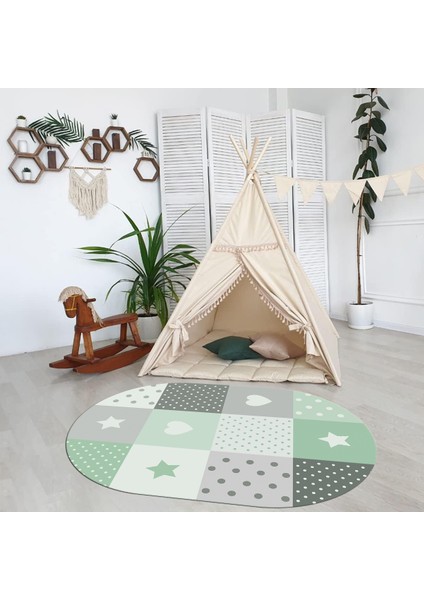 Dijital Baskılı Kaymaz Yıkanabilir Eğlenceli Eğitici Oval Çocuk Odası Halısı, N-O-Çocuk-10-Yeşil,