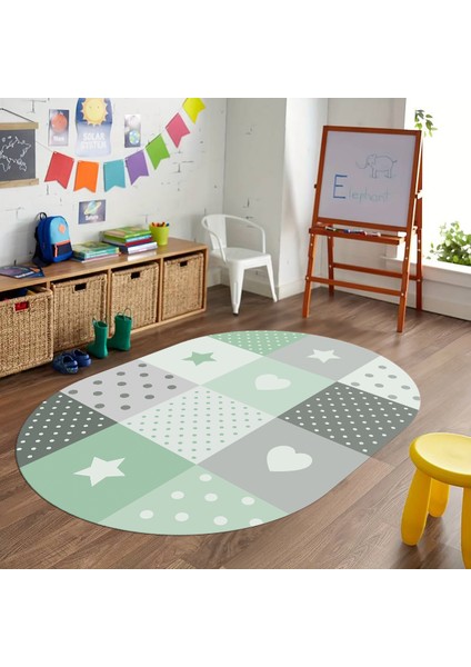 Dijital Baskılı Kaymaz Yıkanabilir Eğlenceli Eğitici Oval Çocuk Odası Halısı, N-O-Çocuk-10-Yeşil,