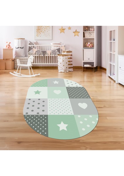 Dijital Baskılı Kaymaz Yıkanabilir Eğlenceli Eğitici Oval Çocuk Odası Halısı, N-O-Çocuk-10-Yeşil,