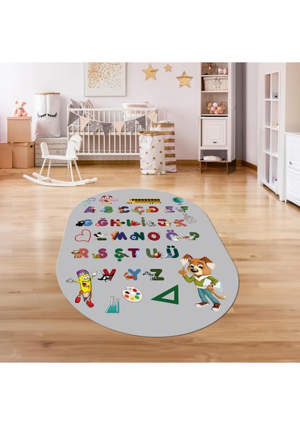 Dijital Baskılı Kaymaz Yıkanabilir Eğlenceli Eğitici Oval Çocuk Odası Halısı, N-O-Çocuk-33-Gri,