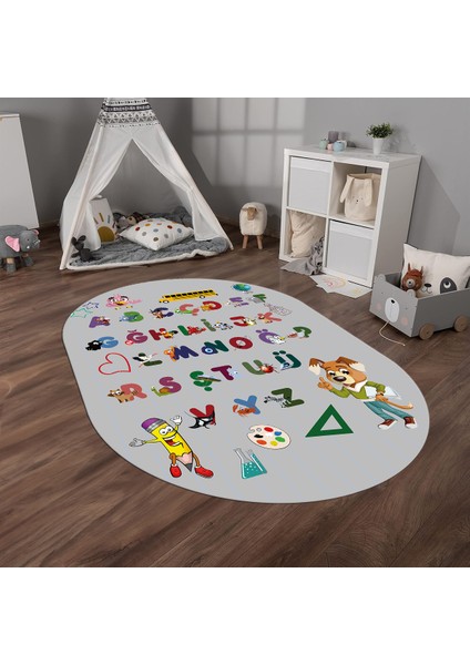 Dijital Baskılı Kaymaz Yıkanabilir Eğlenceli Eğitici Oval Çocuk Odası Halısı, N-O-Çocuk-33-Gri,
