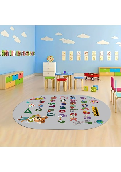 Dijital Baskılı Kaymaz Yıkanabilir Eğlenceli Eğitici Oval Çocuk Odası Halısı, N-O-Çocuk-33-Gri,