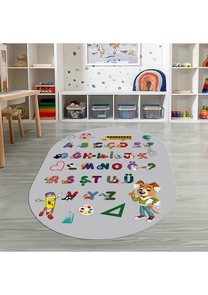 Dijital Baskılı Kaymaz Yıkanabilir Eğlenceli Eğitici Oval Çocuk Odası Halısı, N-O-Çocuk-33-Gri,