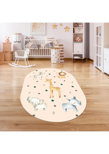 Dijital Baskılı Kaymaz Yıkanabilir Eğlenceli Eğitici Oval Çocuk Odası Halısı, N-O-Çocuk-35-Krem,
